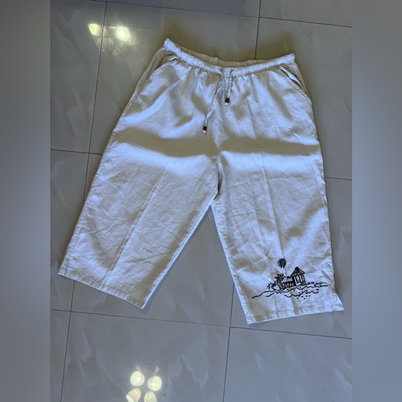 Palm Grove Women's  2X  Beige Palm Flower Printed Pull On Cropped Pants Wide Leg - Picture 16 of 16